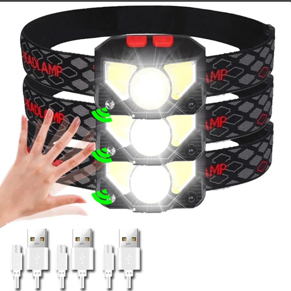 6 Modes Motion Sensor XPE+COB LED Headlamp Flashlight USB Rechargeable Waterproof Camping Head Lamp Running Fishing Headlight