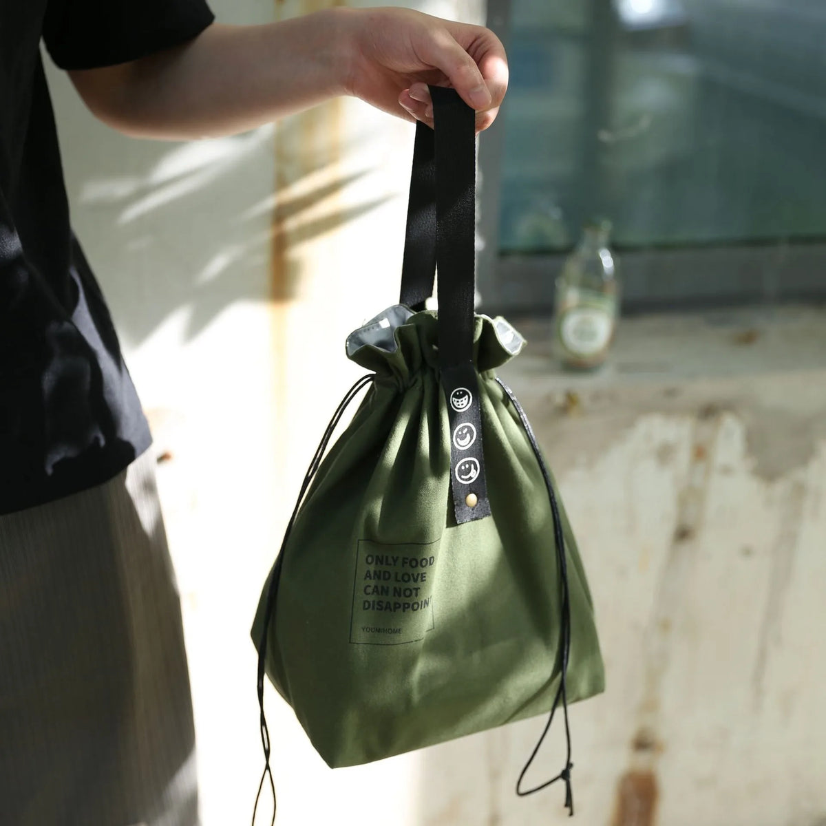 Canvas Folding Lunch Bag Portable Insulated Drawstring Closure Bento Cooler Tote For Work School Picnic Camping