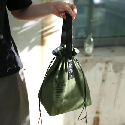 Canvas Folding Lunch Bag Portable Insulated Drawstring Closure Bento Cooler Tote For Work School Picnic Camping