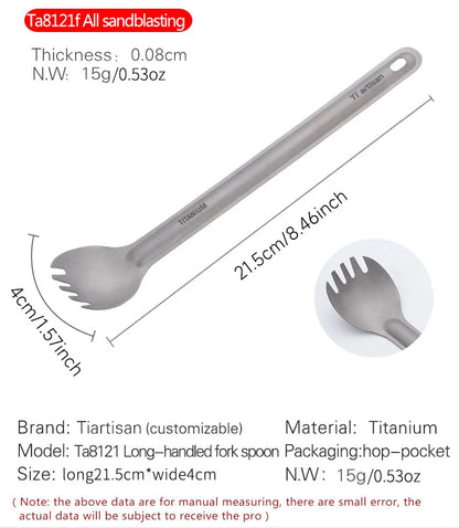 Tiartisan Pure Titanium Cutlery Ultralight Long Handle Spoon Spork Outdoor Camping Portable 2pcs Tableware Set With Storage Bag