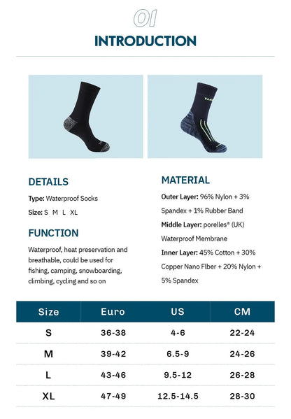Waterproof Socks for Men Warm Snow Thermal Sports Sock PORELLE MEMBRANES Snowboard Cycling Ski Bicycle Winter Black Blue