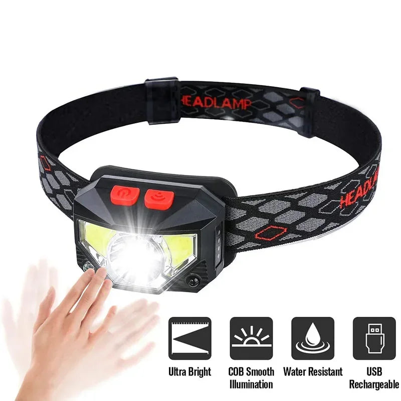 6 Modes Motion Sensor XPE+COB LED Headlamp Flashlight USB Rechargeable Waterproof Camping Head Lamp Running Fishing Headlight