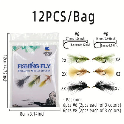 ICERIO Brass Beadhead Woolly Bugger Streamers (12 Pack)