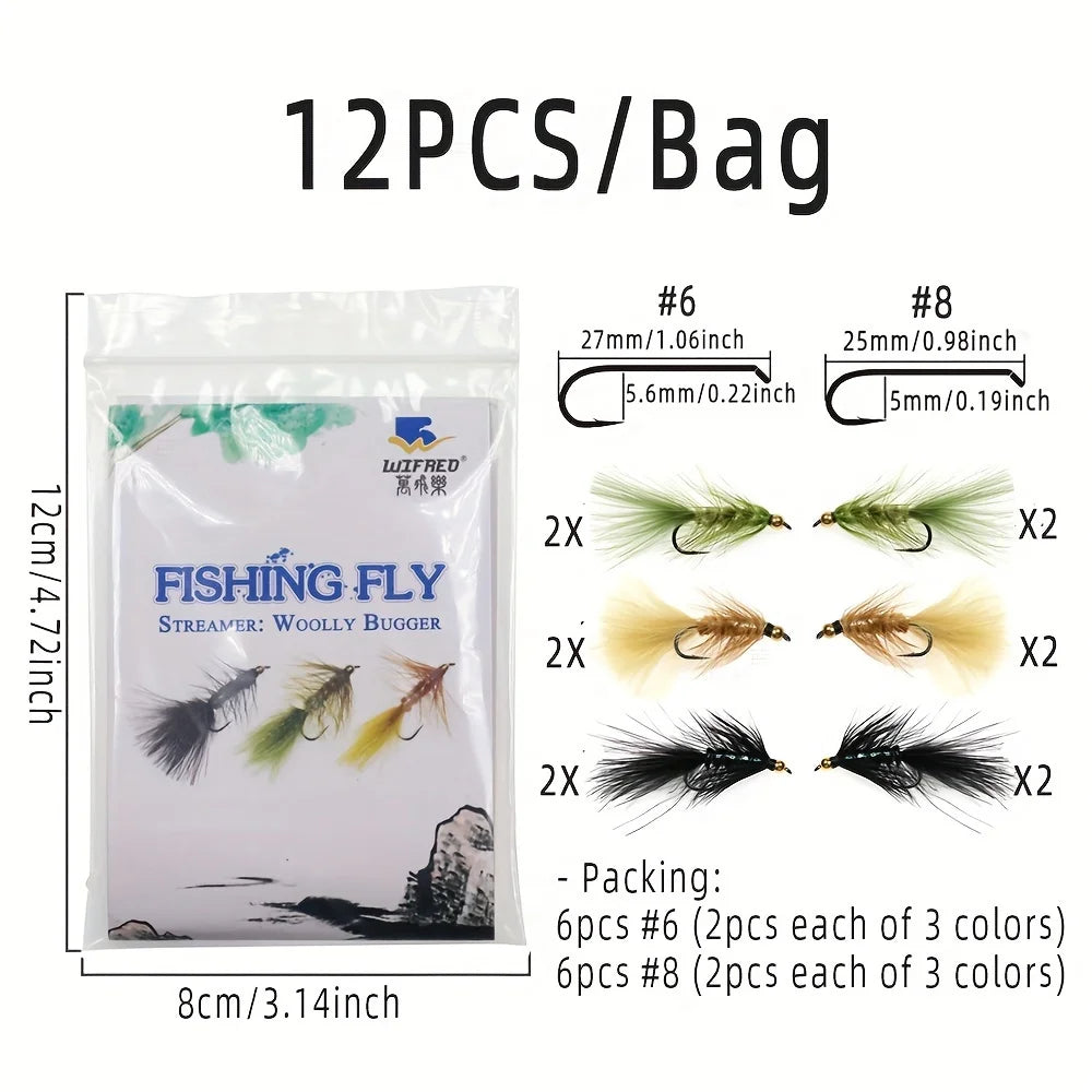 ICERIO Brass Beadhead Woolly Bugger Streamers (12 Pack)