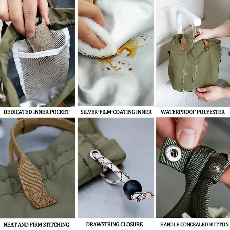 Large Capacity Waterproof Lunch Bag with Drawstring Closure Thick Insulation Cooler Bento Bag for Picnic Work Student Handle Bag