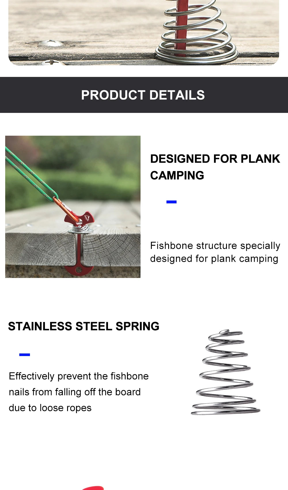 Widesea 4Pcs/set Camping Adjustable Plank Spiral Shaped Fish Bone Deck Carabiner Wind Rope Buckles Tent Stakes Hook Board Peg