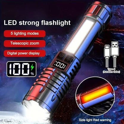 High Power LED Flashlights With Display Screen Zoom Tactical Torch Portable Rechargeable Lamp with Emergency Side Light Lantern