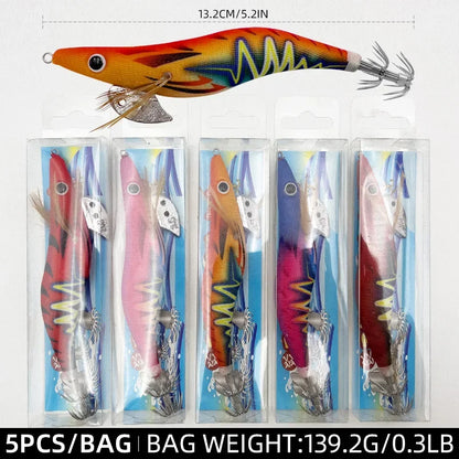 ShareShark 5Pcs/Set Luminous Squid Jig Hooks, 13.2cm 20g 3.5oz #   Shrimp Fishing Lures, Artificial Hard Prawn Bait for Fishing
