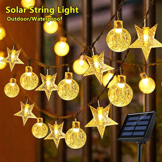 Solar LED String Lights Outdoor Camping Decor Crystal Ball and Stars String Lights 8 Modes Solar Lamp for Halloween Christmas