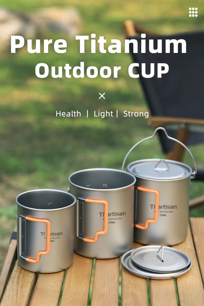 Tiartisan Outdoor Camping Pure Titanium Mug with Collapsible Handle Ultralight Portable Tea Cup Coffee Mug Drinkware