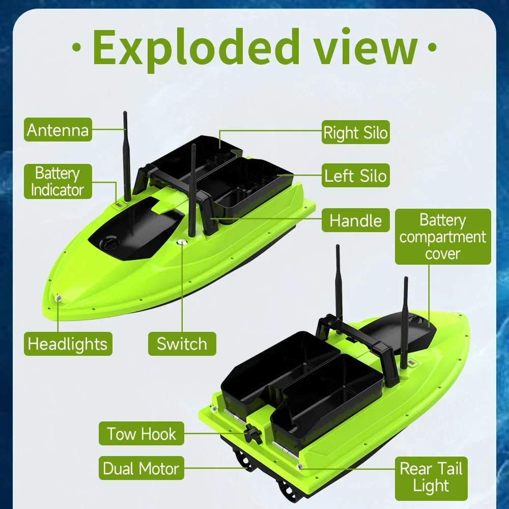 Sonar Bait Boat with Color Fish Finder Screen & Dual Hopper