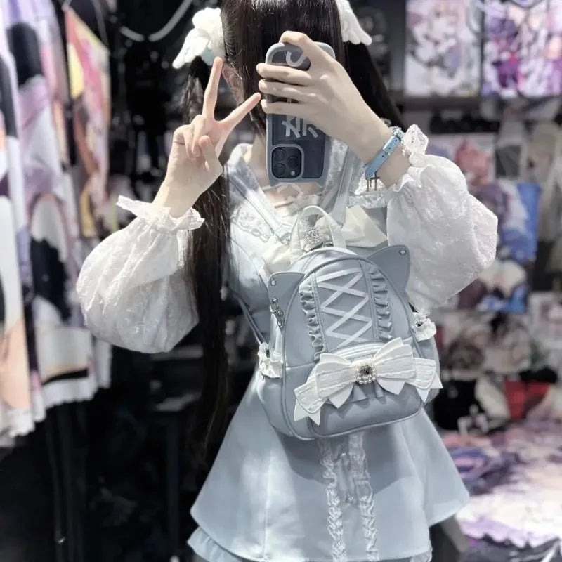 Women Backpack Korean Fashion Y2k Punk Backpack Lace Bow Cat Ear Lotus Lace Decoration Lolita Backbag PU Leather Large Capacity