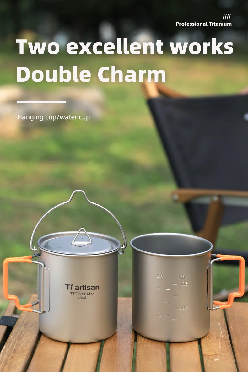 Tiartisan Outdoor Camping Pure Titanium Mug with Collapsible Handle Ultralight Portable Tea Cup Coffee Mug Drinkware
