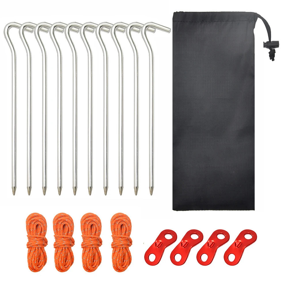 10 Pack Tent Pegs, Ropes and Hammer Set with Storage Bag, Heavy-Duty Aluminum Tent Stakes Floor Nails for Tent, Tarp, Canopy