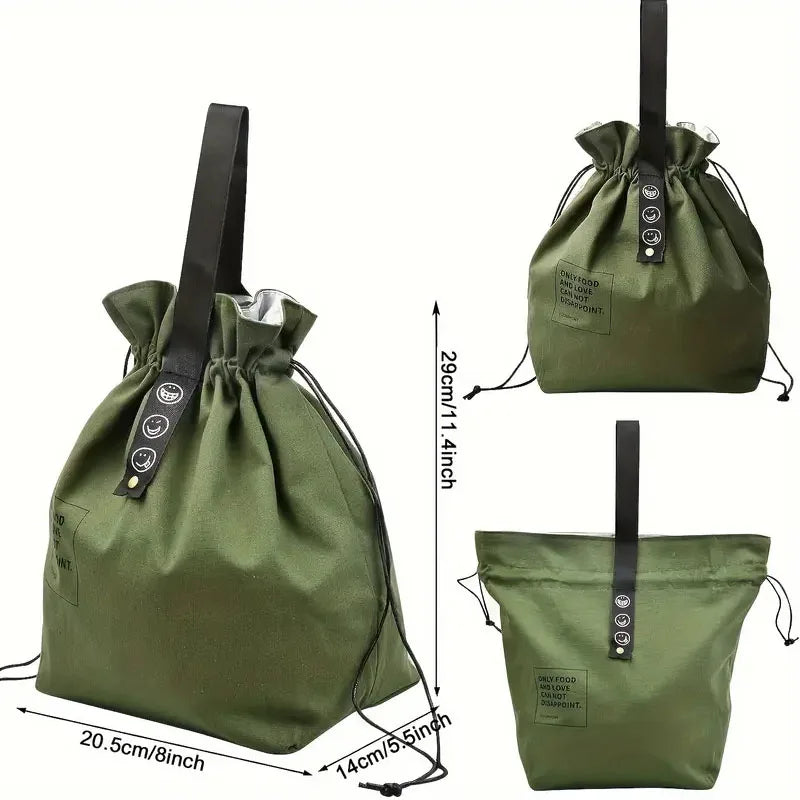 Canvas Folding Lunch Bag Portable Insulated Drawstring Closure Bento Cooler Tote For Work School Picnic Camping