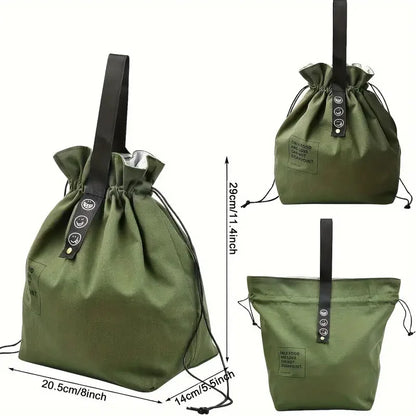 Canvas Folding Lunch Bag Portable Insulated Drawstring Closure Bento Cooler Tote For Work School Picnic Camping