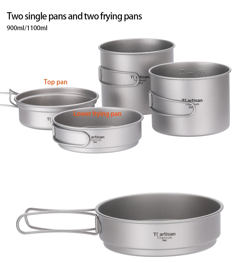 Tiartisan Titanium Folding Handle Camping Pot Frying Pan Set  Lightweight Portable Cookware Equipment For Outdoor Hiking Picnic
