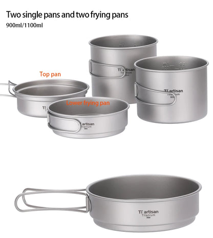 Tiartisan Titanium Folding Handle Camping Pot Frying Pan Set  Lightweight Portable Cookware Equipment For Outdoor Hiking Picnic
