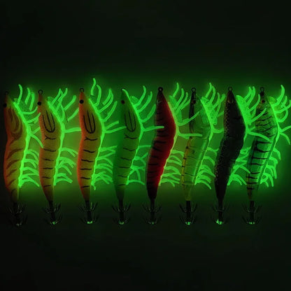 2pcs/set Glow Squid Jigs Set 13cm Simulation Shrimp Fishing Lure 3.5# Wood Shrimp Jig Lure Saltwater Cuttlefish Octopus Tackle