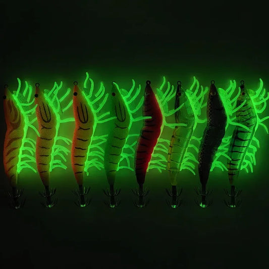 2pcs/set Glow Squid Jigs Set 13cm Simulation Shrimp Fishing Lure 3.5# Wood Shrimp Jig Lure Saltwater Cuttlefish Octopus Tackle