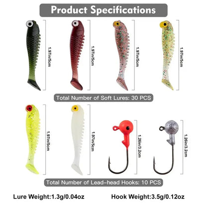 40pcs/lot Soft Lure Kit Soft Fishing Lure 5cm 3.5g Jig Head Hook with Fishing Tackle Box Pesca