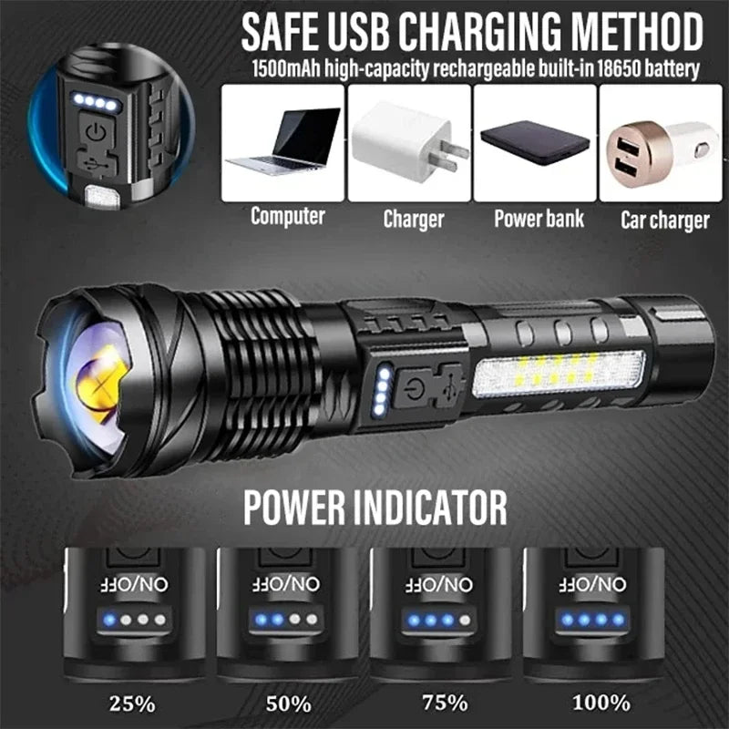 LED Flashlight Rechargeable Torch High Power Strong Light Flashlight Long Range Tactical Zoom Lamp Outdoor Camping Lantern