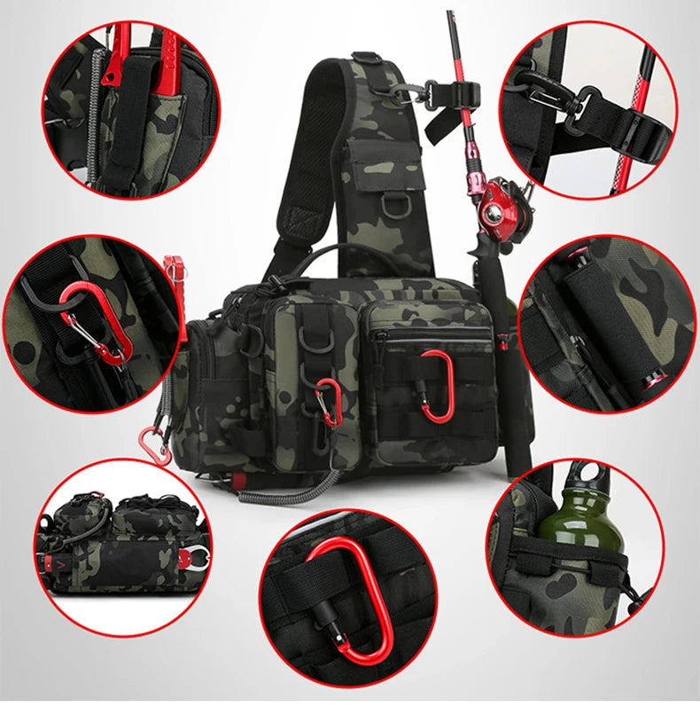 Fishing Tackle Sling Backpack with Rod Holder
