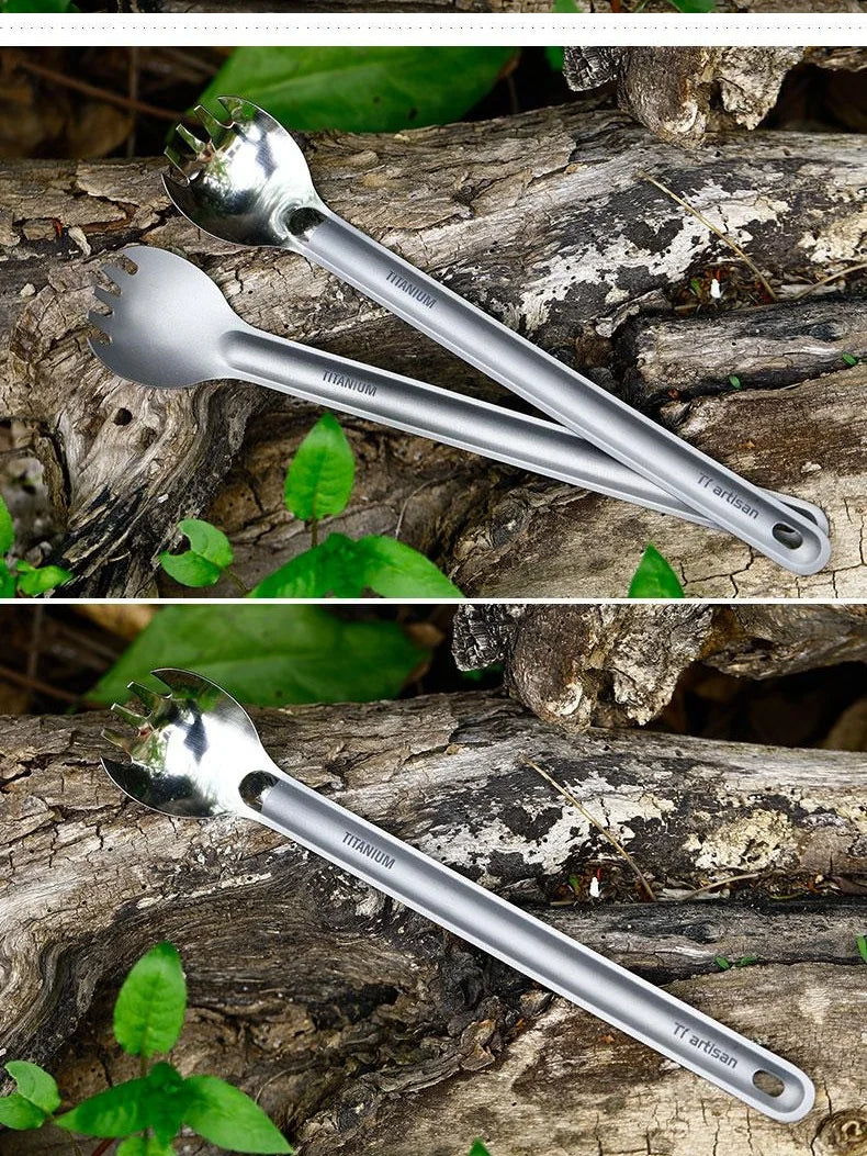 Tiartisan Pure Titanium Cutlery Ultralight Long Handle Spoon Spork Outdoor Camping Portable 2pcs Tableware Set With Storage Bag