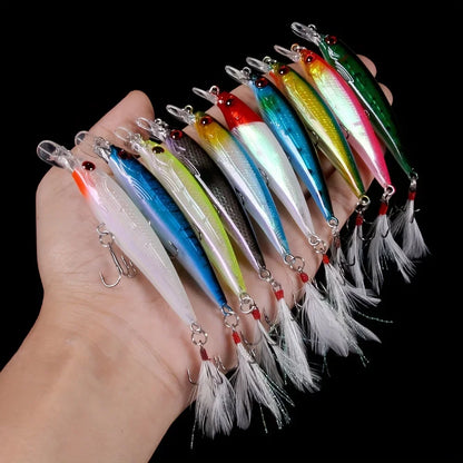10pcs Larser Minnow Fishing Lures Set Catch Bass Faster with Feather Hook Artificial Bait Crankbait 9cm/7g