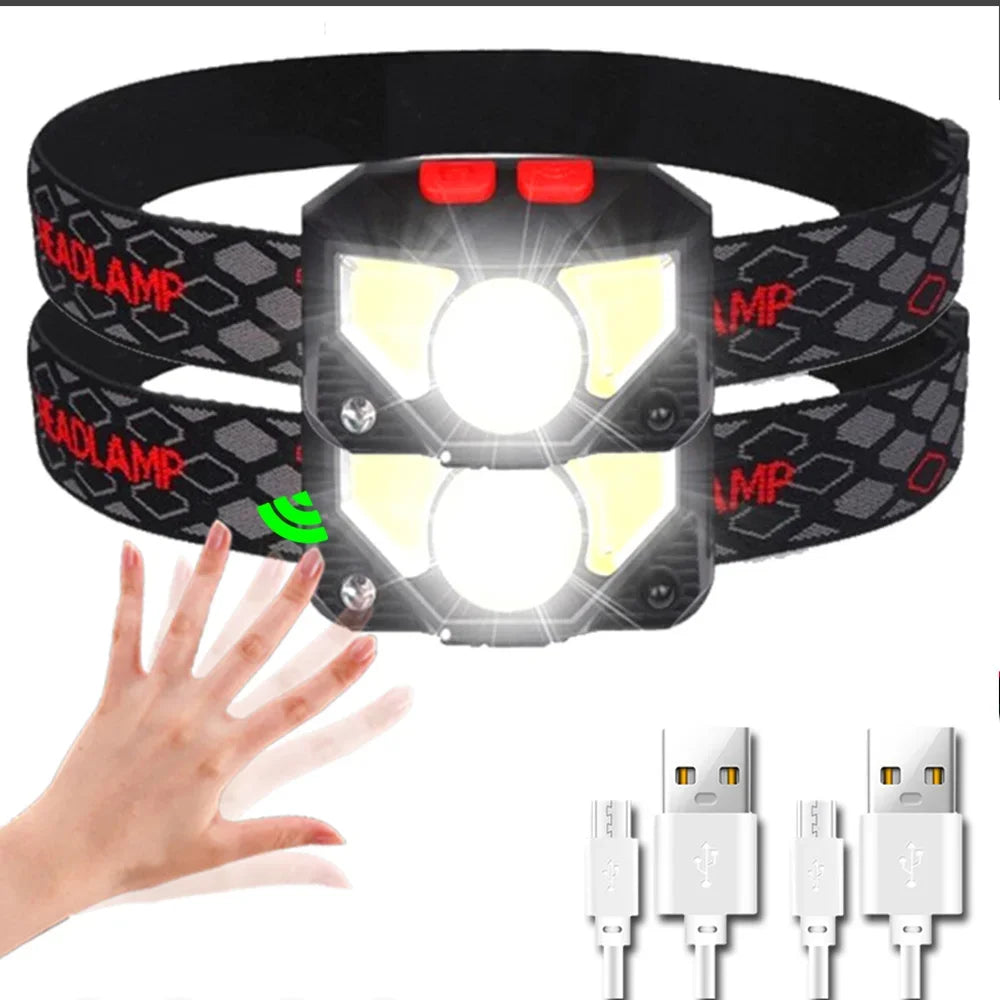 6 Modes Motion Sensor XPE+COB LED Headlamp Flashlight USB Rechargeable Waterproof Camping Head Lamp Running Fishing Headlight