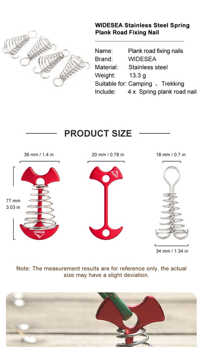 Widesea 4Pcs/set Camping Adjustable Plank Spiral Shaped Fish Bone Deck Carabiner Wind Rope Buckles Tent Stakes Hook Board Peg