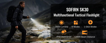 SOFIRN SK30 3000 High Lumen 6000K Tactical Flashlight USB C 21700 Rechargeable Pocket Torch with Dual Tail Switches