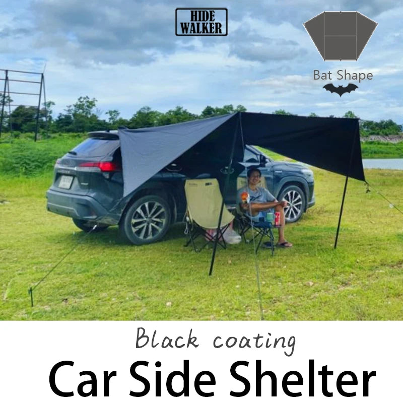 Bat Shape Car Side Awning Black Coating Tarp 2x3 Outdoor Waterproof Camping Black Coated Car Rear Shelter Tent for SUV Van