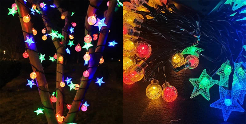 Solar LED String Lights Outdoor Camping Decor Crystal Ball and Stars String Lights 8 Modes Solar Lamp for Halloween Christmas