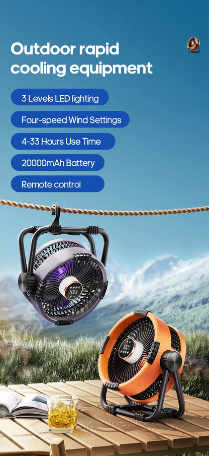 20000mAh Outdoor Camping Fan 6 in 1 Portable Rechargeable Wireless Tent Ceiling Fan with LED Light Camping Air Circulator