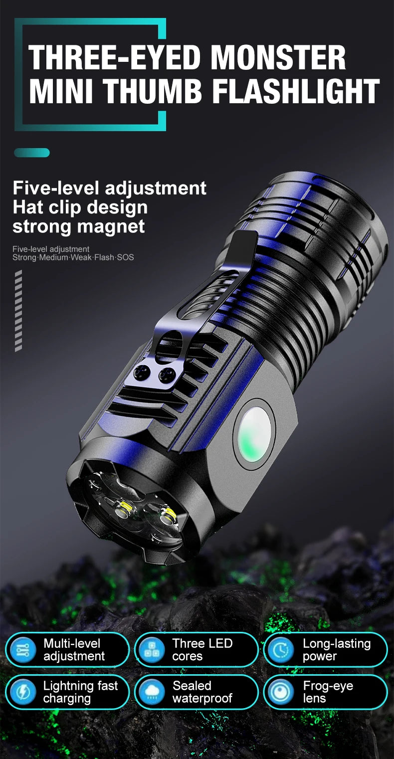 New Ultra Powerful Flashlight 3 Core LED Mini Tactical Flashlight USB Rechargeable High Power LED Torch With Magnet Hand Lamp