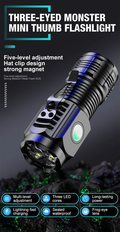 New Ultra Powerful Flashlight 3 Core LED Mini Tactical Flashlight USB Rechargeable High Power LED Torch With Magnet Hand Lamp