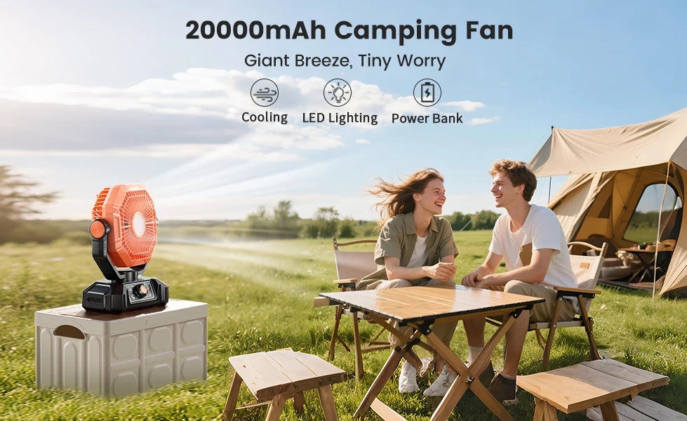 20000mAh Camping Fan with LED Lantern – 8-Speed, Remote