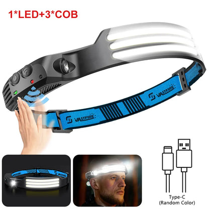 Induction Headlamp COB+LED Head Flashlight Built in Battery USB Rechargeable Outdoor Waterproof Camping Fishing Work Lantern ﻿