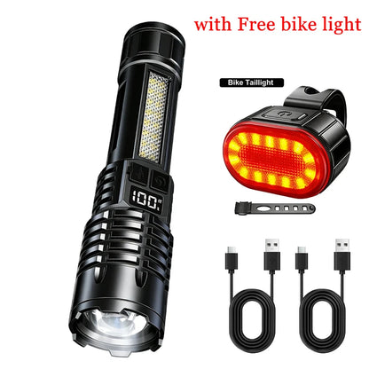 High Power LED Flashlights With Display Screen Zoom Tactical Torch Portable Rechargeable Lamp with Emergency Side Light Lantern