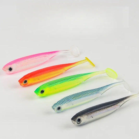 5Pcs opp 7cm 2.2g Jighead Worms T Tail fish Fishing Lures Rainbow Color  Fishing Bait Long-Range Freshwater and Saltwater Lure