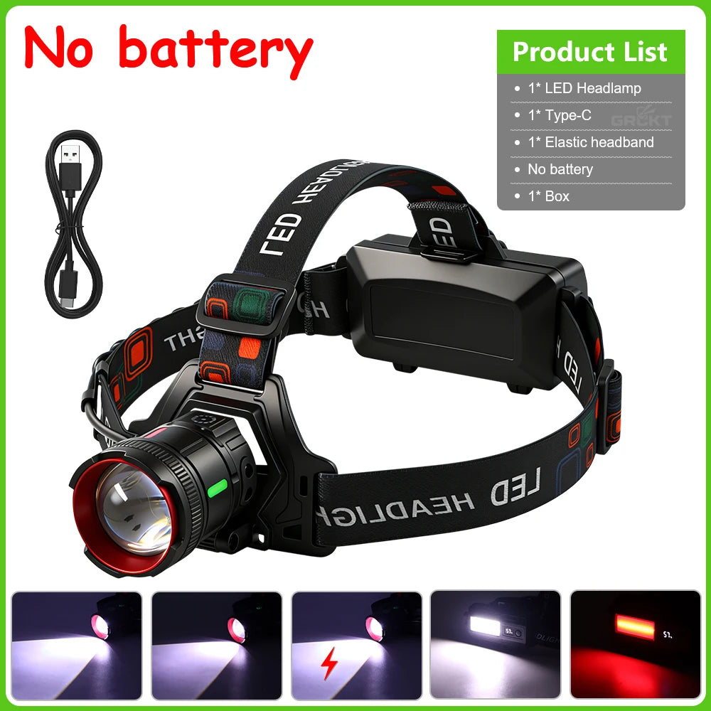 300000LM High Power LED Outdoor Headlamp Portable Rechargeable Waterproof Motion Sensor Telescopic Zoom Work Lamp Camping Hiking