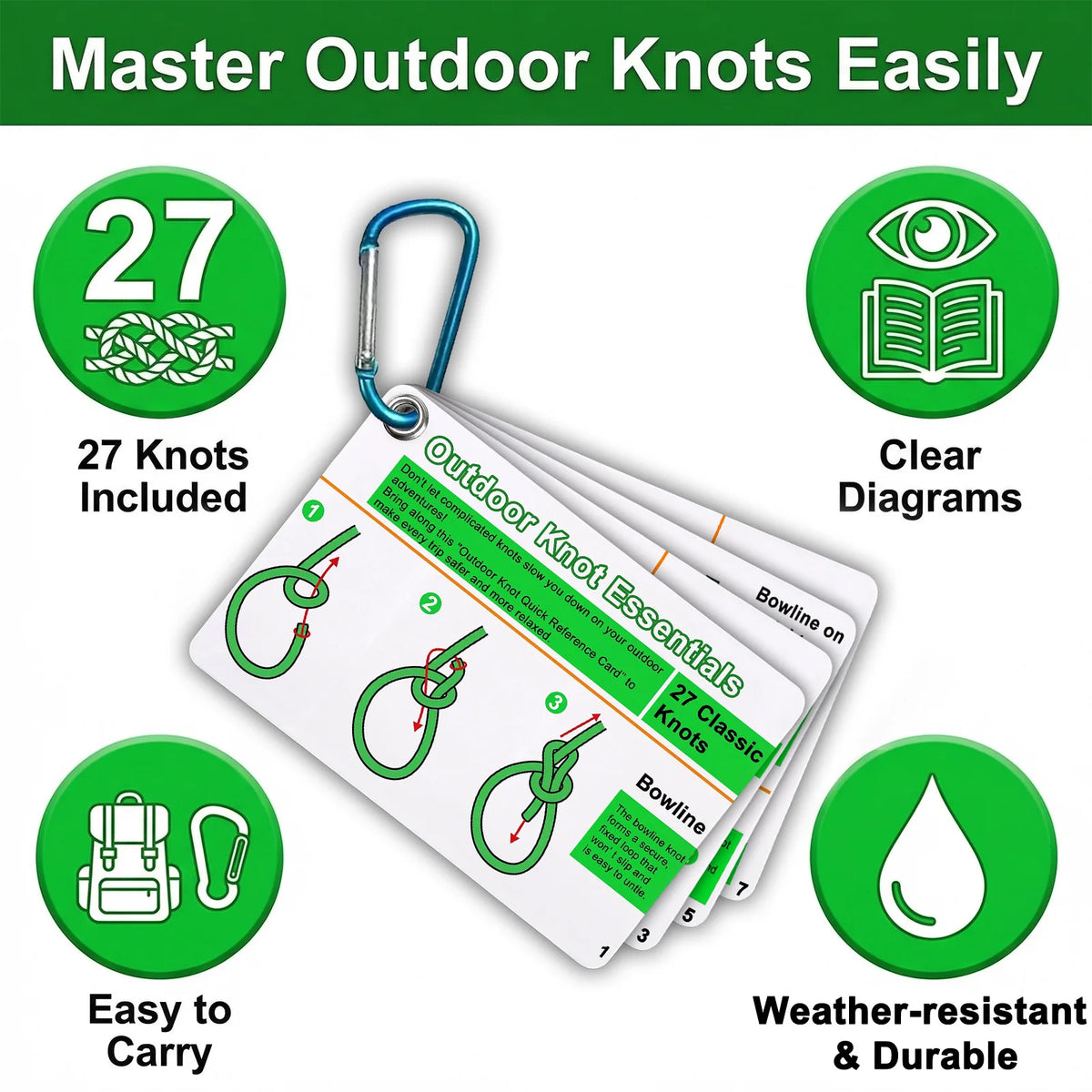 Waterproof Knot Tying Cards with Carabiner (27 Knots)