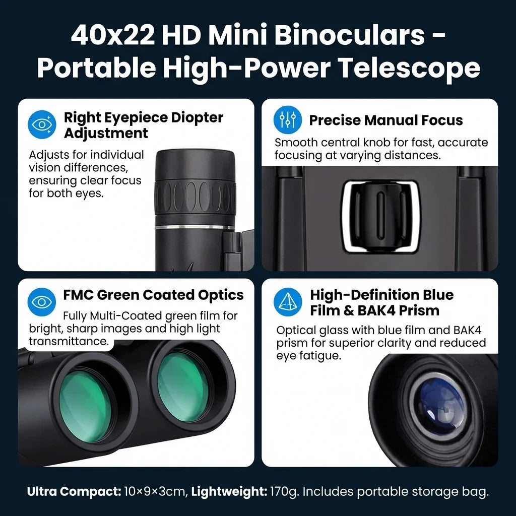 40x22 HD Binoculars with BAK4 FMC: 2000M Long Range Folding Mini Telescope, Ideal for Hunting, Sports, Camping & Travel
