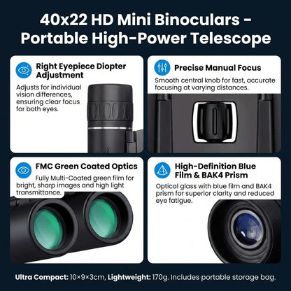 40x22 HD Binoculars with BAK4 FMC: 2000M Long Range Folding Mini Telescope, Ideal for Hunting, Sports, Camping & Travel
