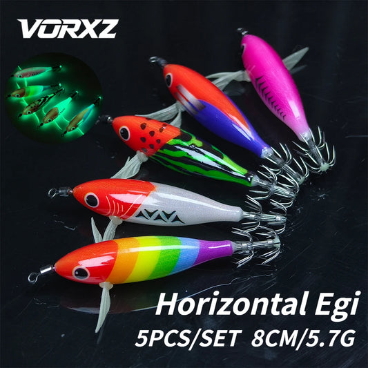 Horizontal Glow Squid Jigs with Double Hooks (5 Pack)