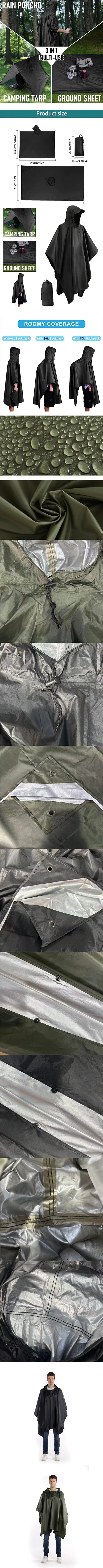Outdoor 3 In 1 Military Raincoat Hooded Sleeve Waterproof Rain Poncho Motorcycle Rain Cover Camping Hiking Travel Rainwear Tent