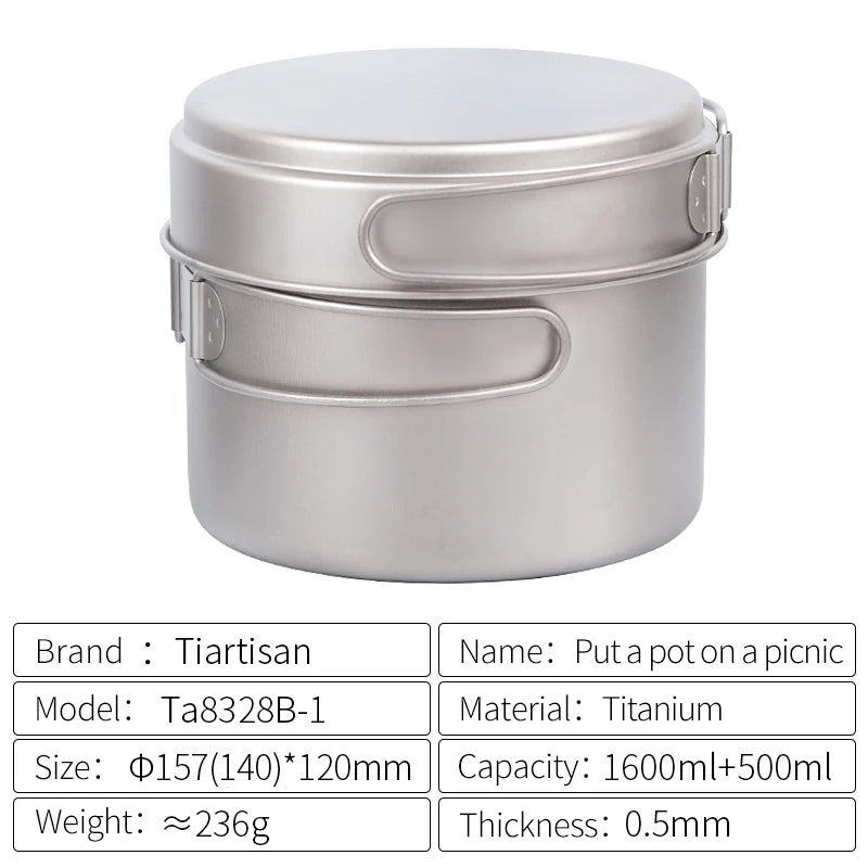Tiartisan Titanium Folding Handle Camping Pot Frying Pan Set  Lightweight Portable Cookware Equipment For Outdoor Hiking Picnic