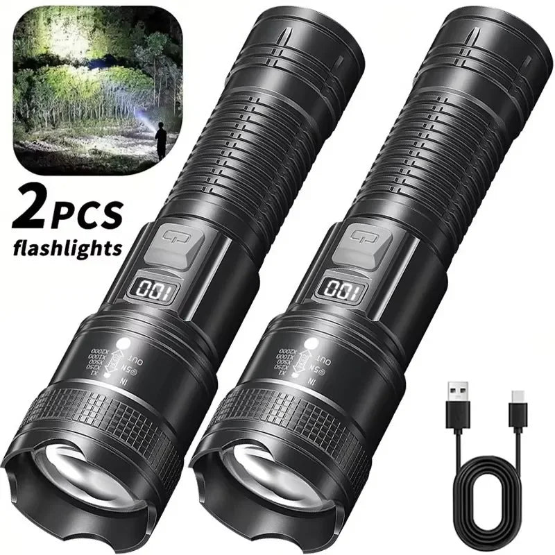 High Strong Power Led Flashlights 300000LM Tactical Torch with Display Light USB Charging Camping Fishing Defensa Zoom Lantern