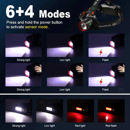 300000LM High Power LED Outdoor Headlamp Portable Rechargeable Waterproof Motion Sensor Telescopic Zoom Work Lamp Camping Hiking